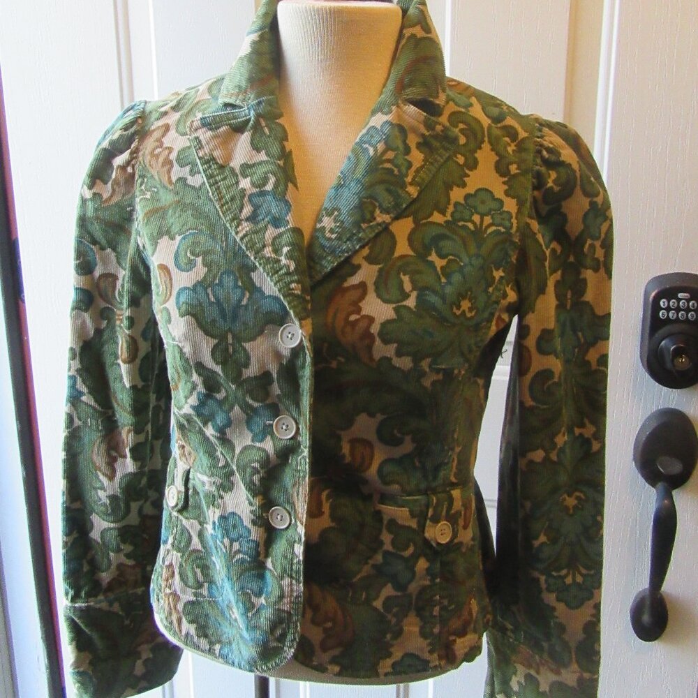 Fitted LOFT soft corduroy green blue floral print button down jacket size 4